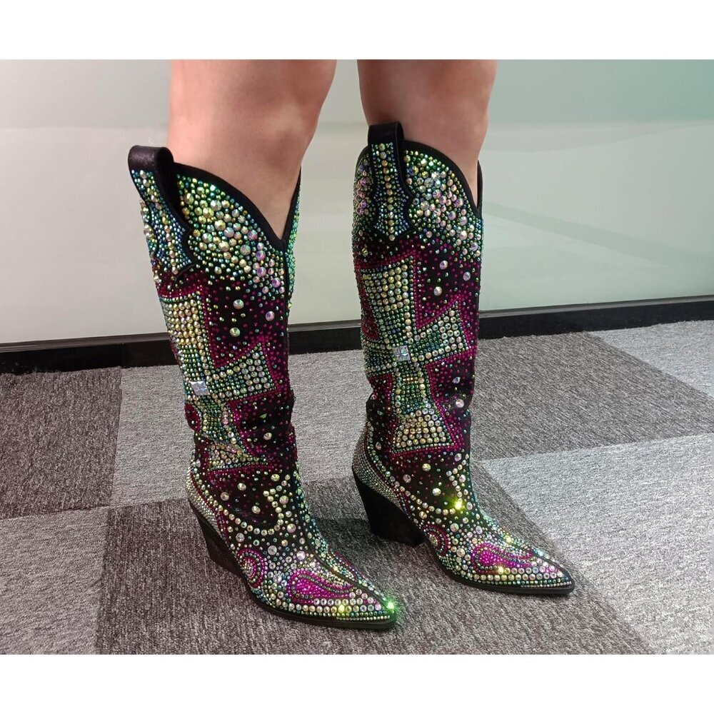 Women's Blue Fashion Rhinestone Cross Western Knee-High Cowboy Faux Leather Boot - Picture 2 of 9